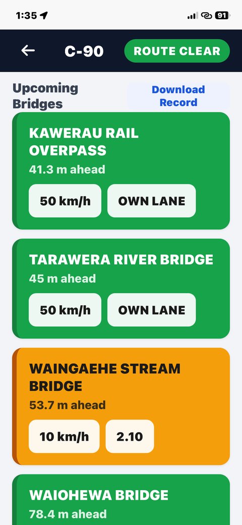 Bridge Shield driver app showing the full list of upcoming bridges colour-coded by restriction severity, with a download record button