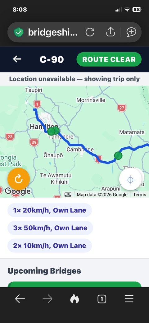 Bridge Shield driver app showing a planned route on the map with every bridge checked and marked clear